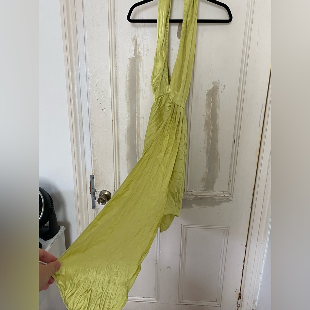 Halter neck green/yellow dress deep v